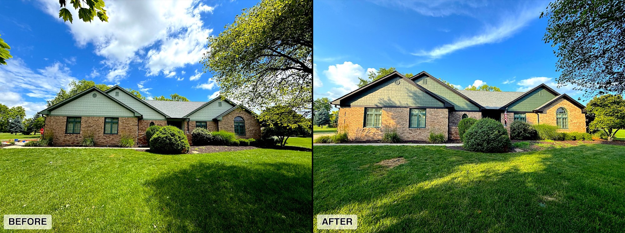 Home before painting — faded green shake siding and worn trim